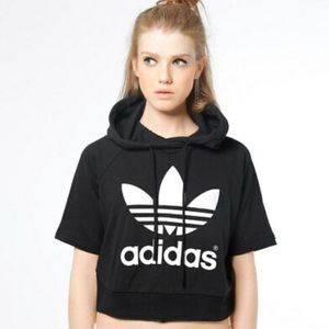 ADIDAS crop top short sleeve hood black sweatshirt